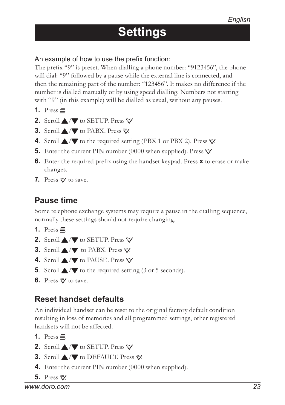 Settings, Pause time, Reset handset defaults | Doro 930R User Manual | Page 23 / 44