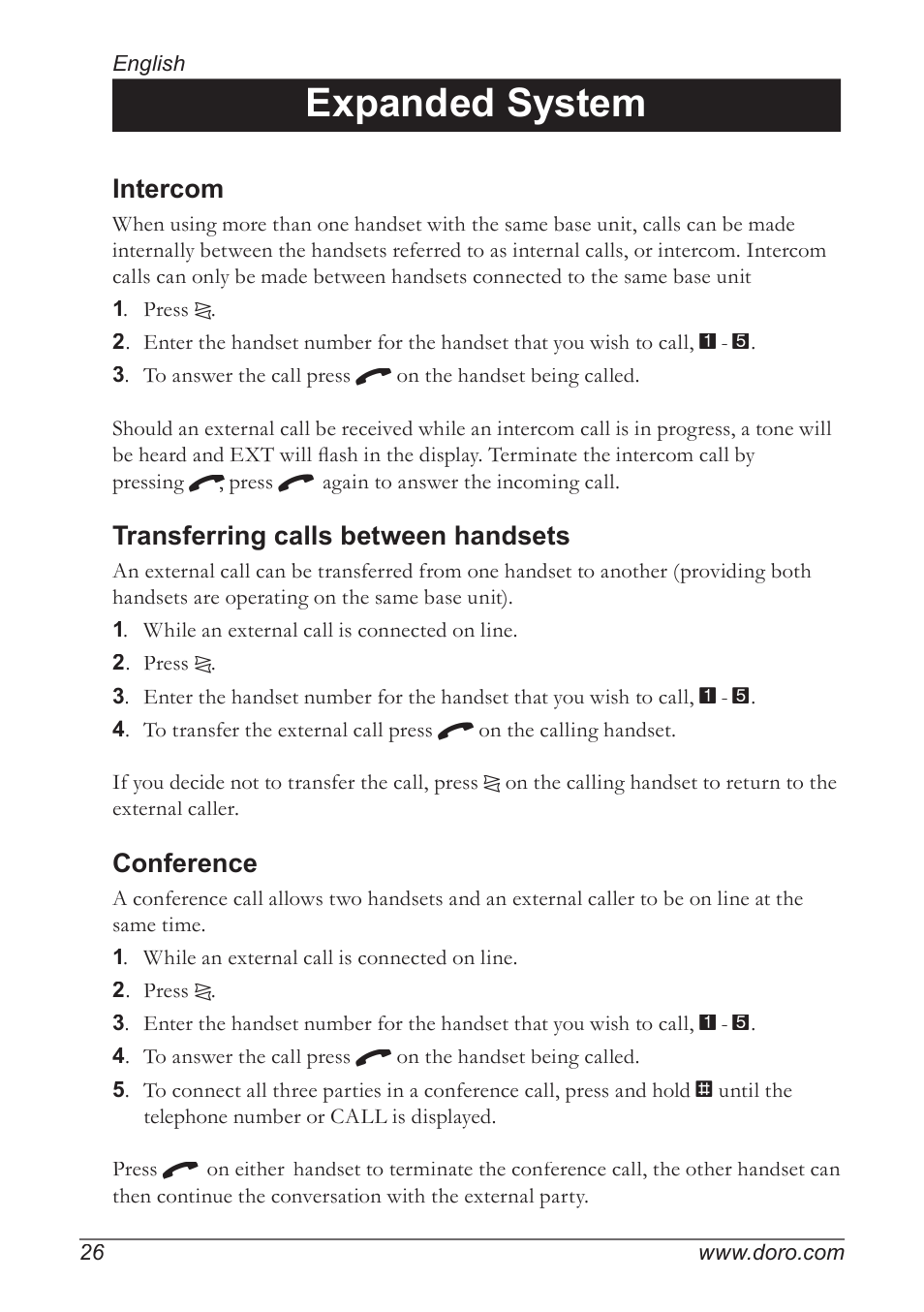 Expanded system, Intercom, Transferring calls between handsets | Conference | Doro 930R User Manual | Page 26 / 44