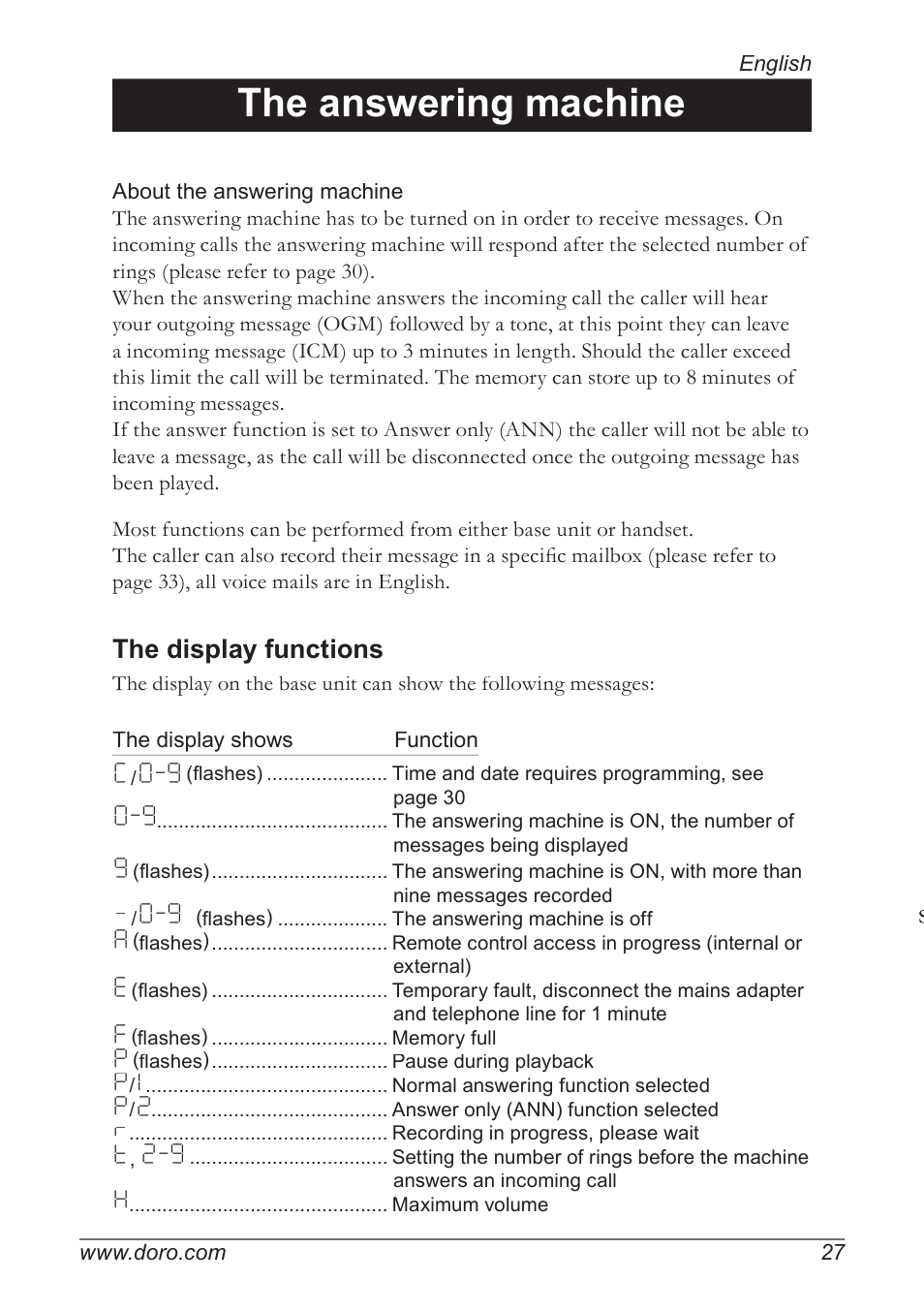 The answering machine, The display functions | Doro 930R User Manual | Page 27 / 44