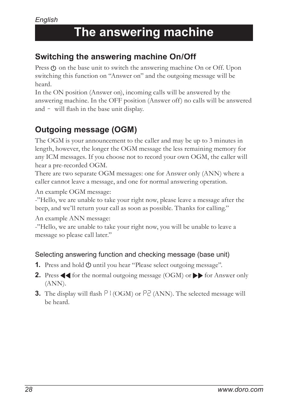 The answering machine, Switching the answering machine on/off, Outgoing message (ogm) | Doro 930R User Manual | Page 28 / 44