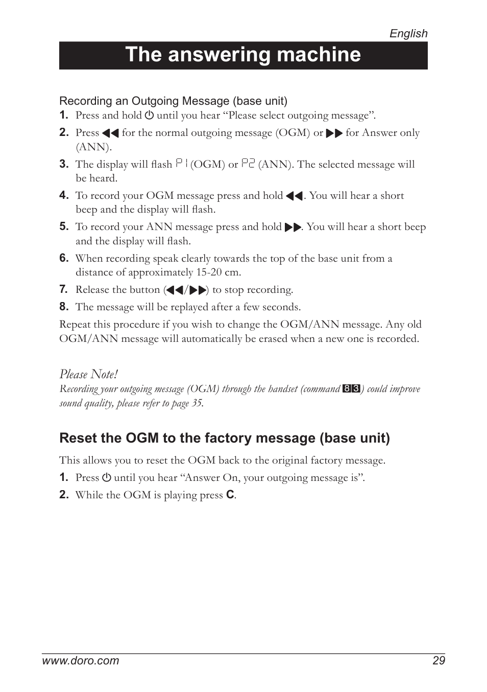 The answering machine, Reset the ogm to the factory message (base unit) | Doro 930R User Manual | Page 29 / 44