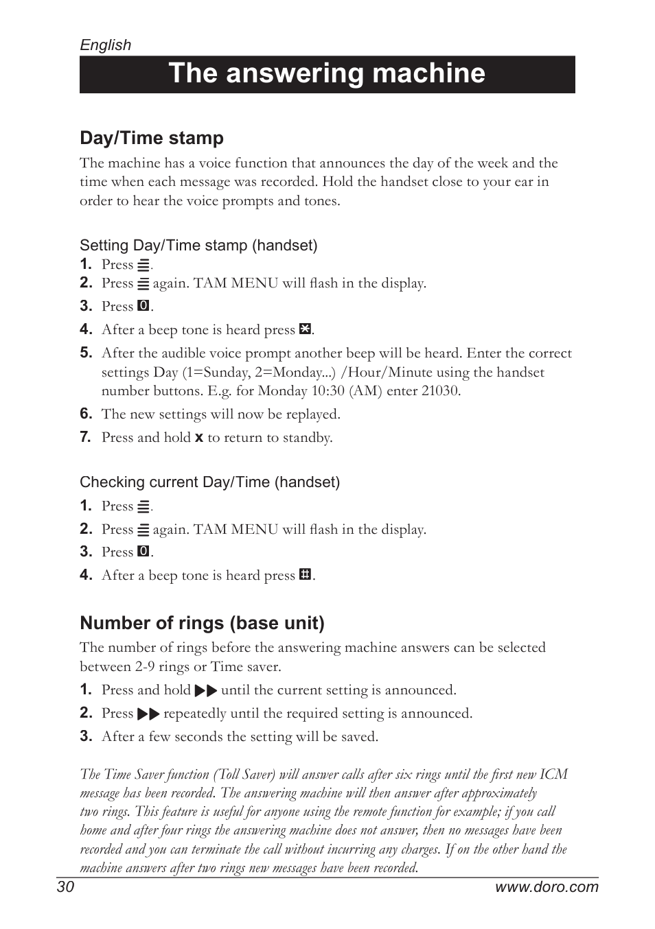 The answering machine, Day/time stamp, Number of rings (base unit) | Doro 930R User Manual | Page 30 / 44