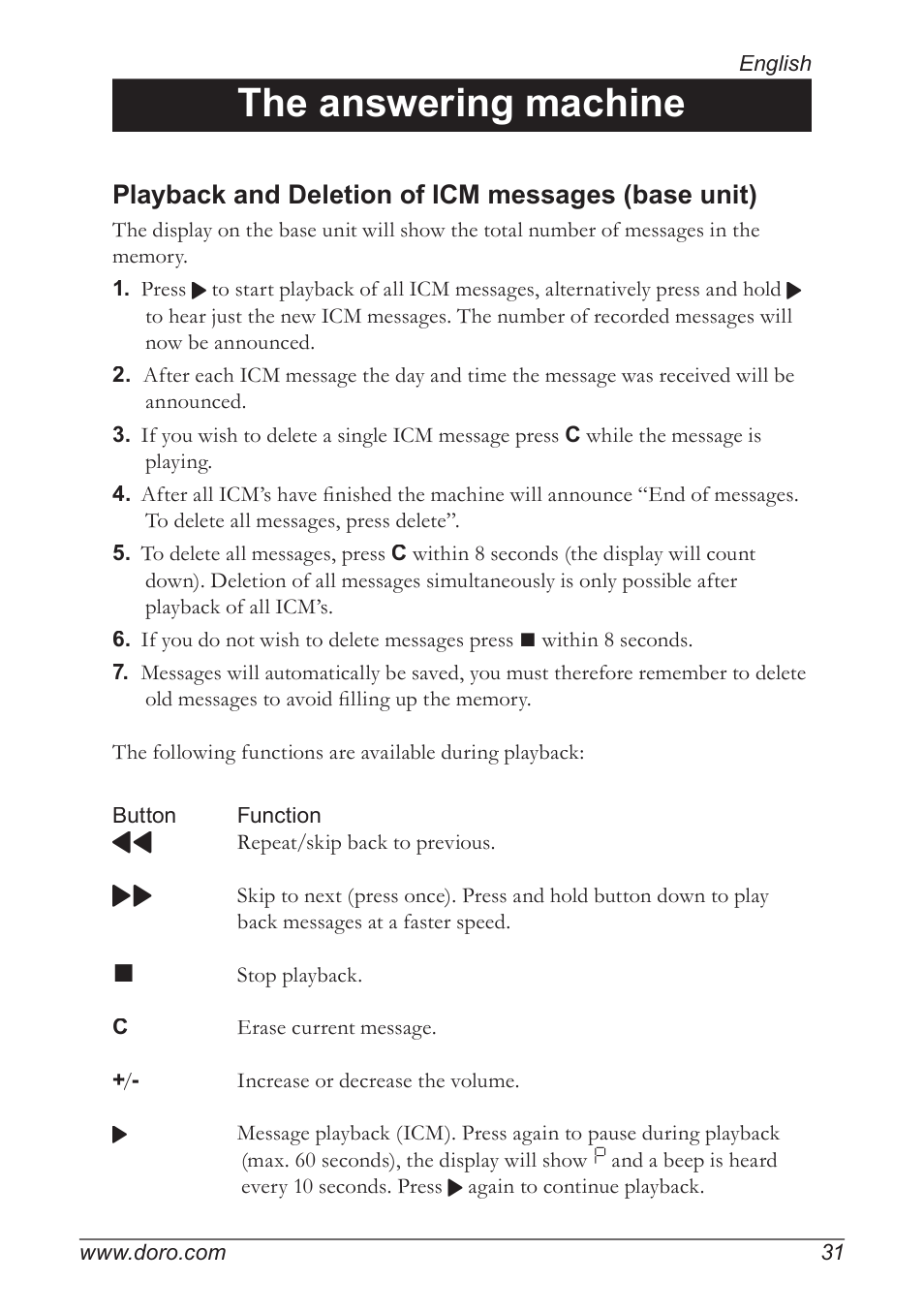 The answering machine, Playback and deletion of icm messages (base unit) | Doro 930R User Manual | Page 31 / 44