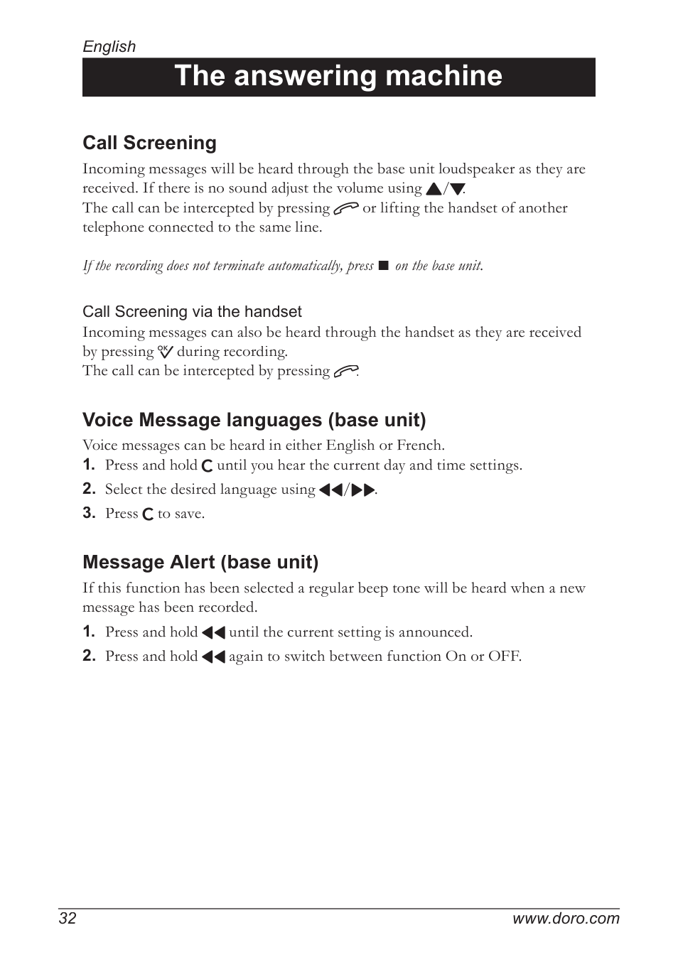 The answering machine, Call screening, Voice message languages (base unit) | Message alert (base unit) | Doro 930R User Manual | Page 32 / 44