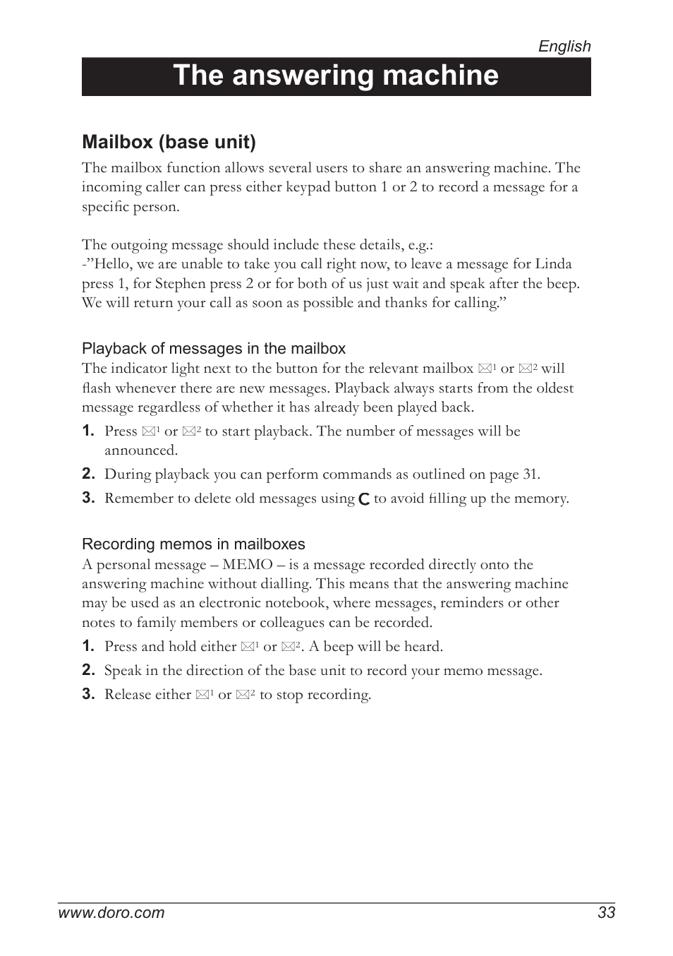 The answering machine, Mailbox (base unit) | Doro 930R User Manual | Page 33 / 44