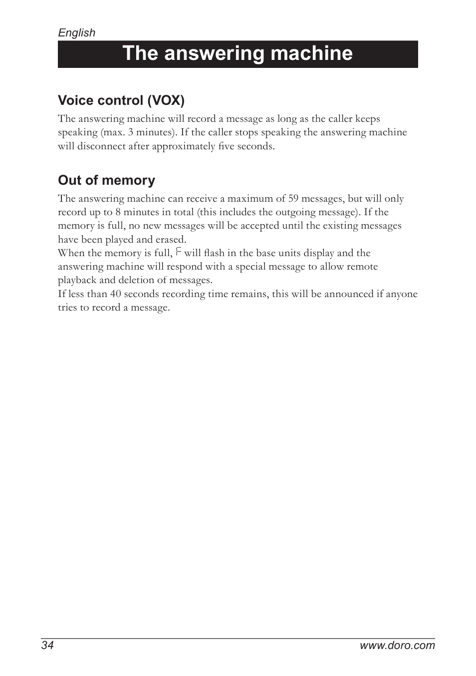 The answering machine, Voice control (vox) | Doro 930R User Manual | Page 34 / 44