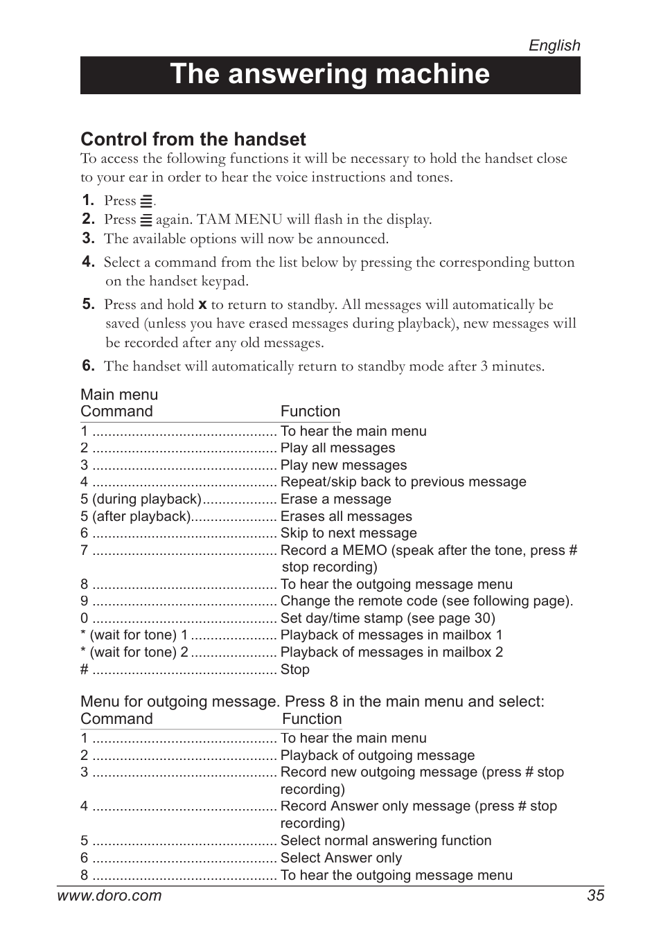 The answering machine, Control from the handset | Doro 930R User Manual | Page 35 / 44