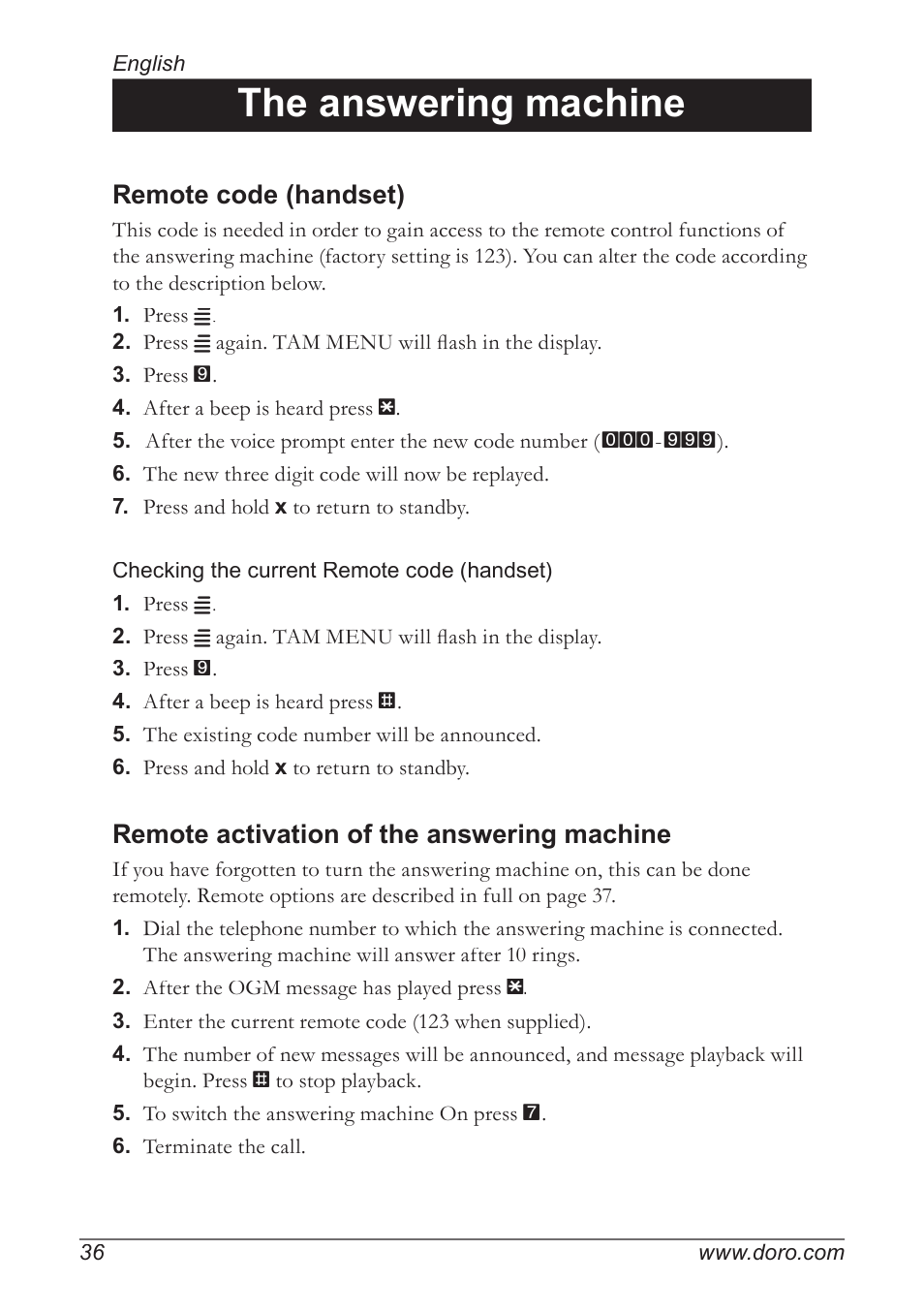 The answering machine, Remote code (handset), Remote activation of the answering machine | Doro 930R User Manual | Page 36 / 44