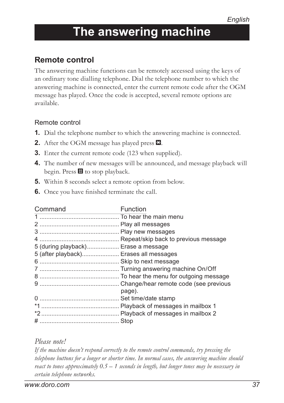 The answering machine, Remote control | Doro 930R User Manual | Page 37 / 44