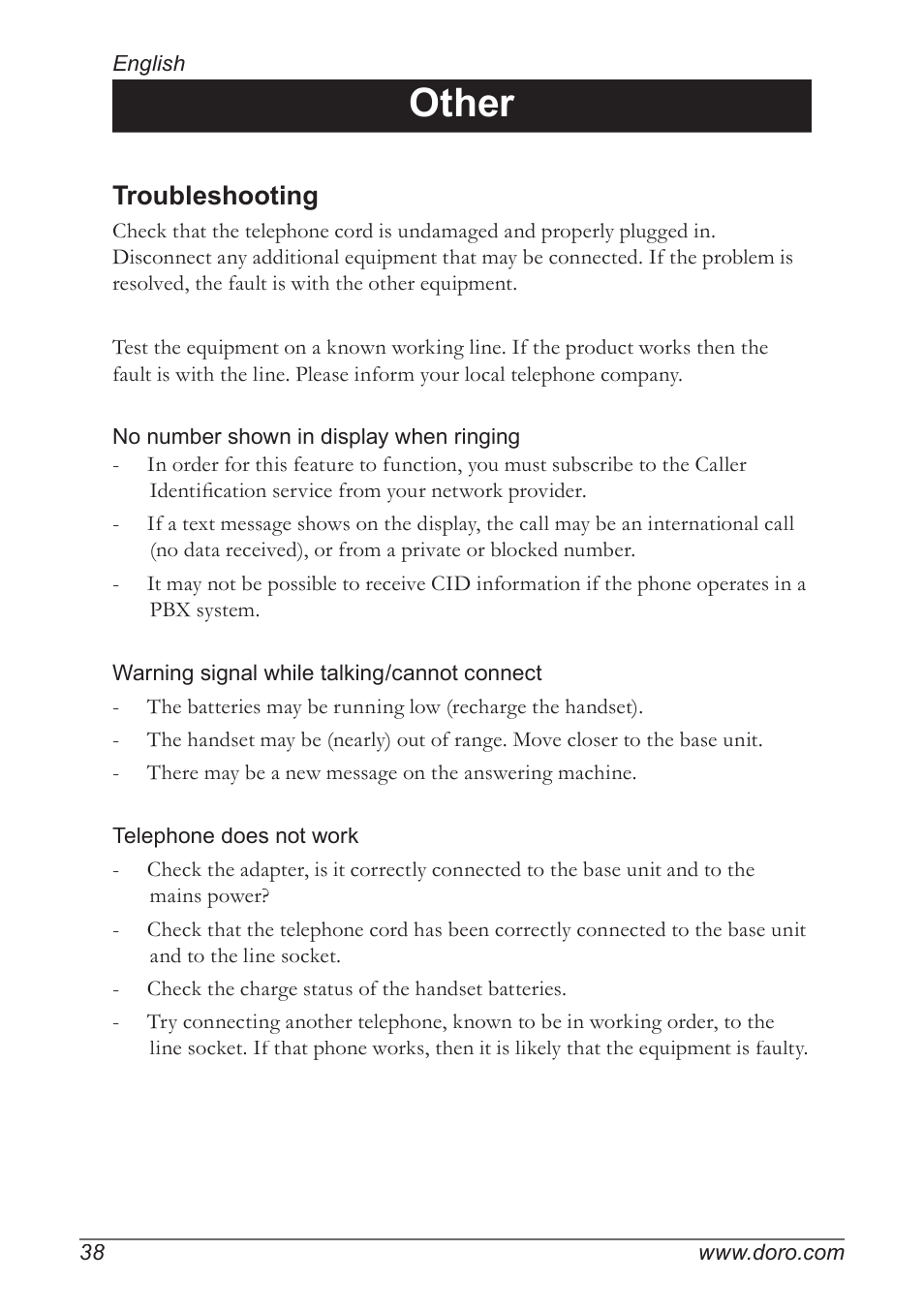 Other, Troubleshooting | Doro 930R User Manual | Page 38 / 44