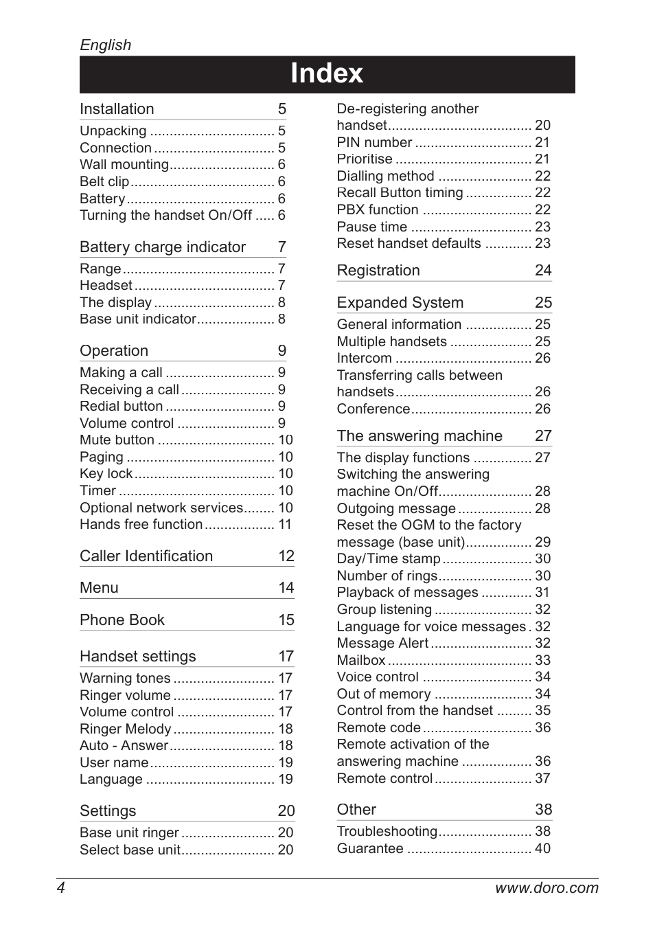 Index | Doro 930R User Manual | Page 4 / 44