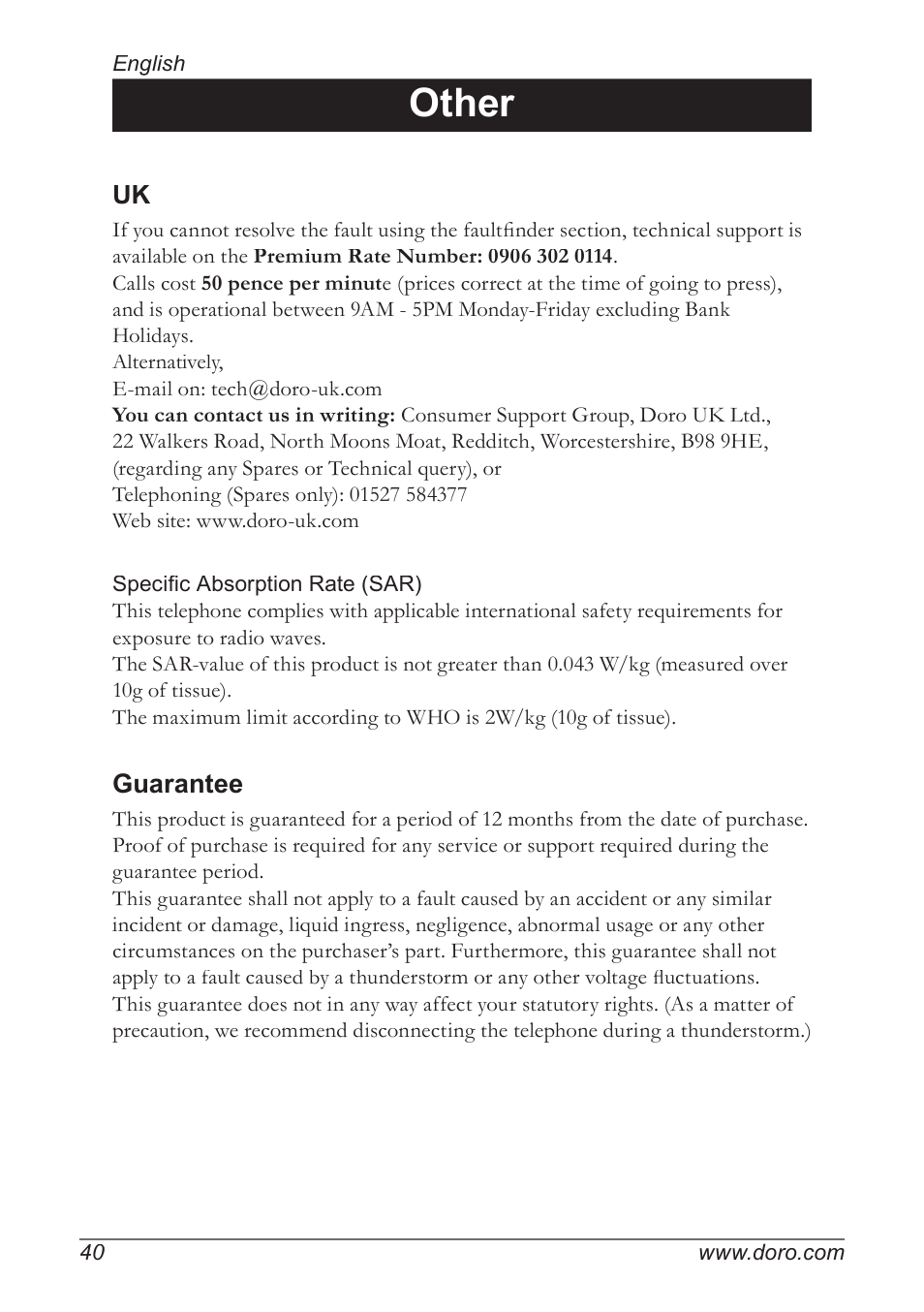 Other, Guarantee | Doro 930R User Manual | Page 40 / 44