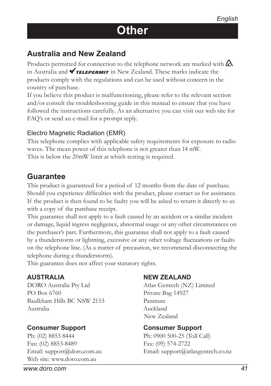 Other, Australia and new zealand, Guarantee | Doro 930R User Manual | Page 41 / 44