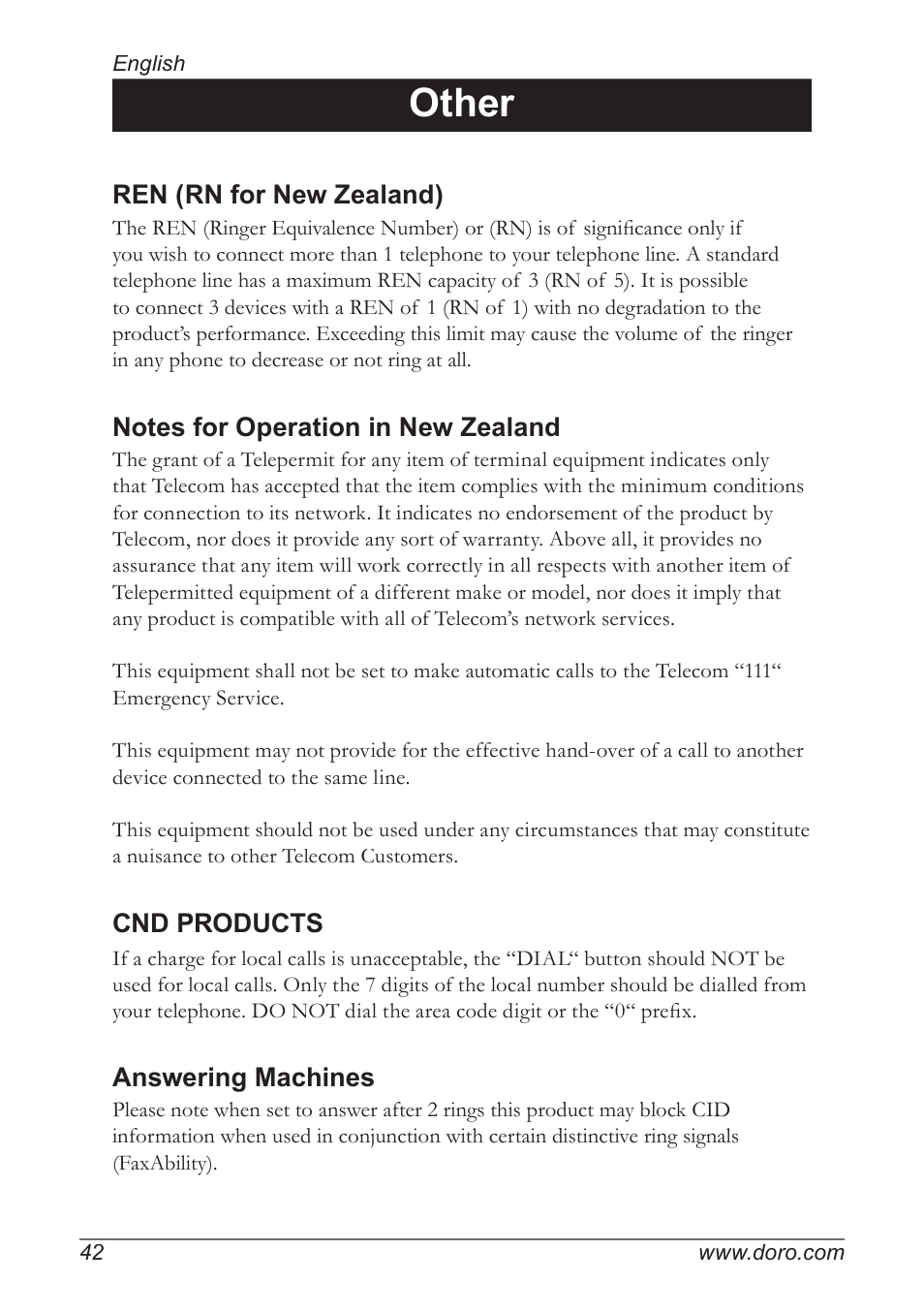 Other, Ren (rn for new zealand), Cnd products | Answering machines | Doro 930R User Manual | Page 42 / 44