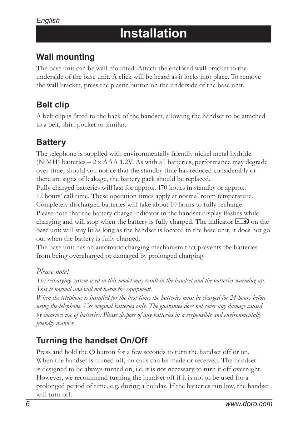 Installation, Wall mounting, Belt clip | Battery, Turning the handset on/off | Doro 930R User Manual | Page 6 / 44