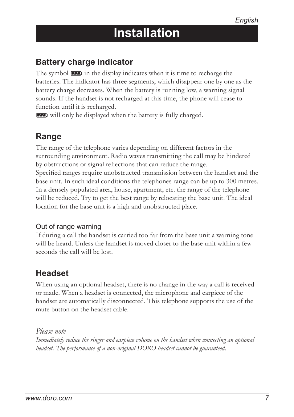 Installation, Battery charge indicator, Range | Headset | Doro 930R User Manual | Page 7 / 44