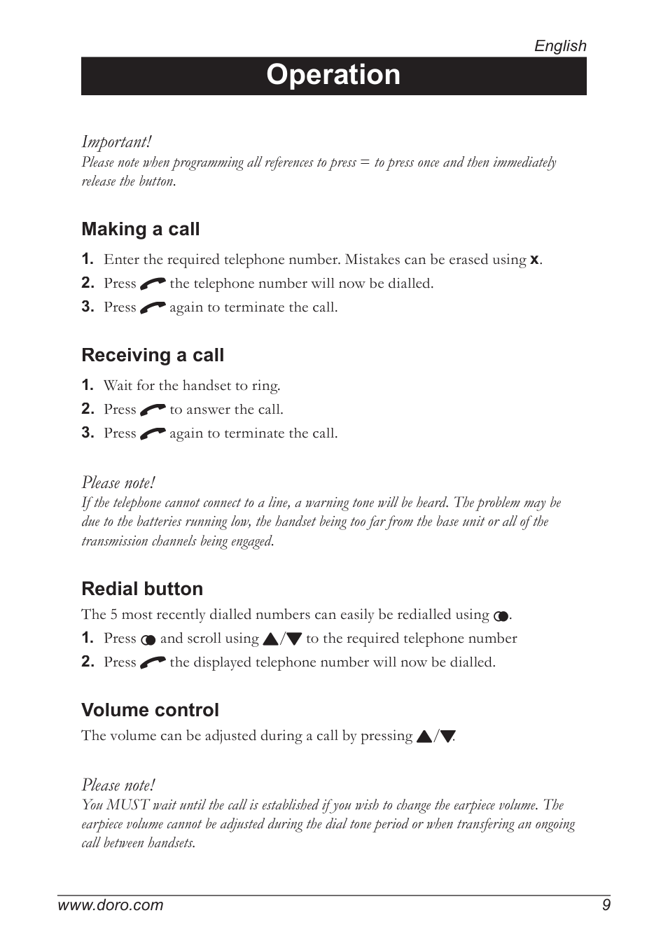 Operation, Important, Making a call | Receiving a call, Redial button, Volume control | Doro 930R User Manual | Page 9 / 44