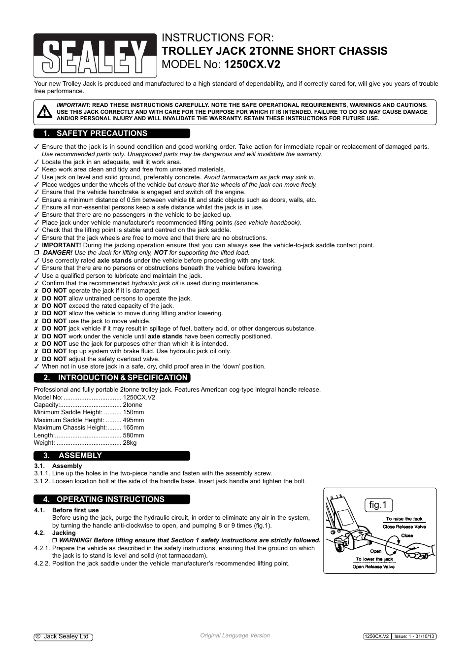 Sealey 1250CX User Manual | 2 pages