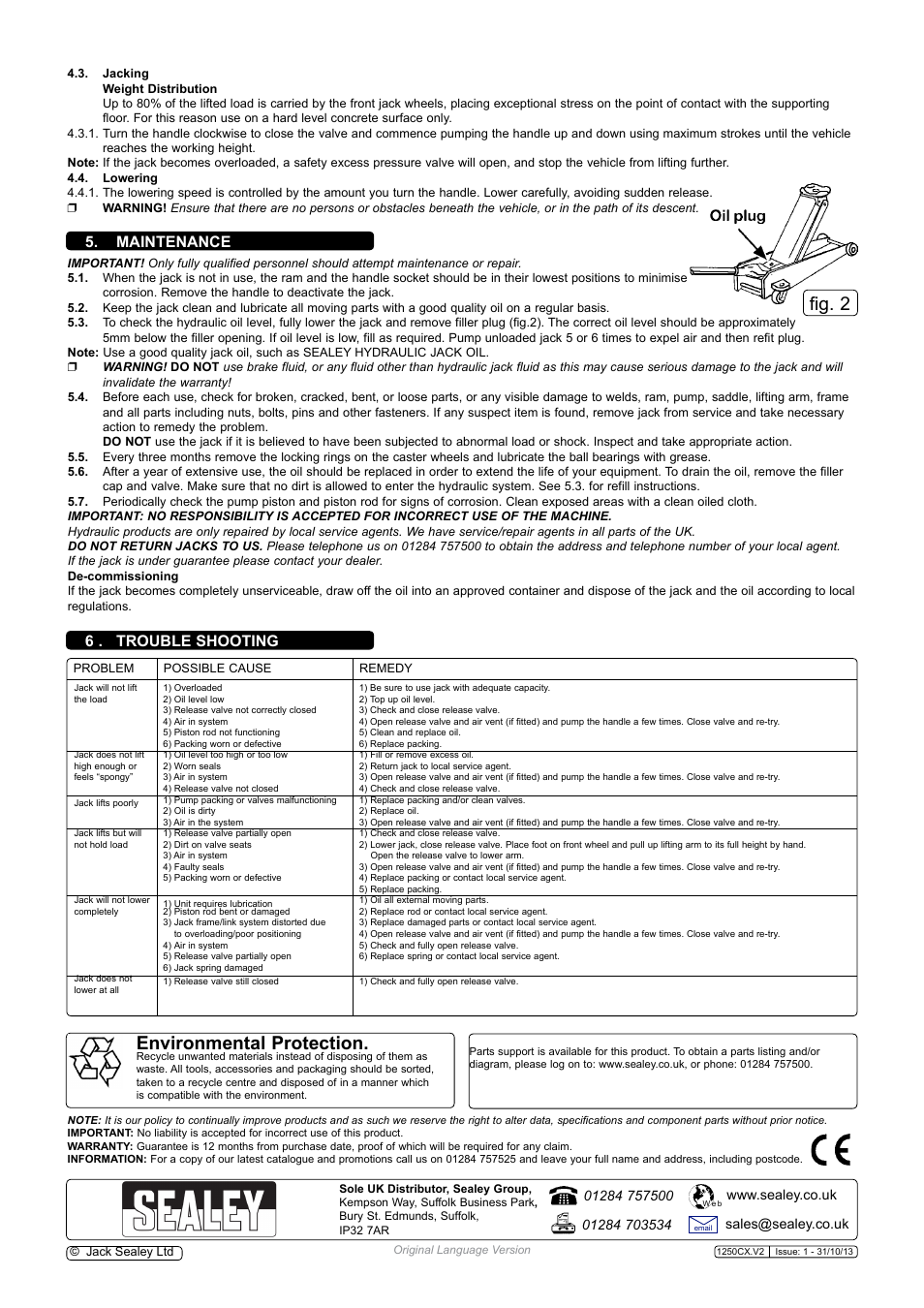 Fig. 2, Environmental protection, 6 . trouble shooting | Maintenance | Sealey 1250CX User Manual | Page 2 / 2