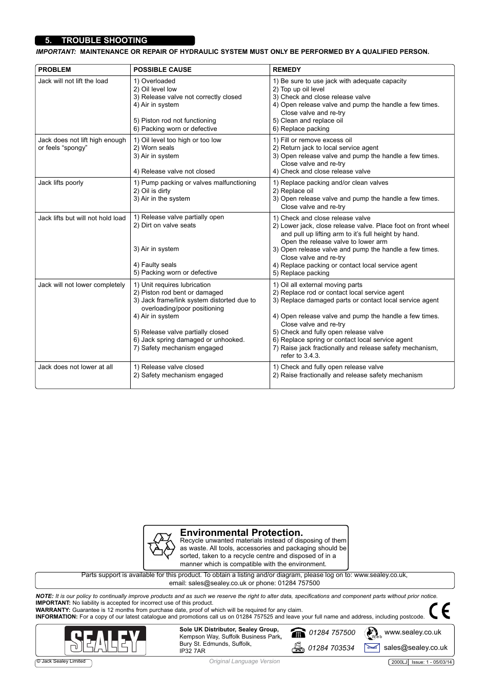 Environmental protection, Trouble shooting | Sealey 2000LJ User Manual | Page 3 / 3