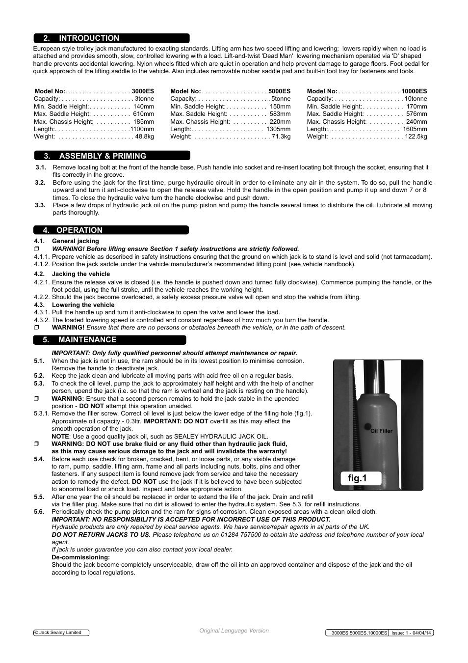 Fig.1, Maintenance, Operation | Assembly & priming, Introduction | Sealey 10000ES User Manual | Page 2 / 3