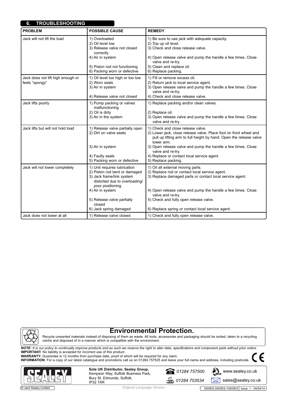 Environmental protection, Troubleshooting | Sealey 10000ES User Manual | Page 3 / 3