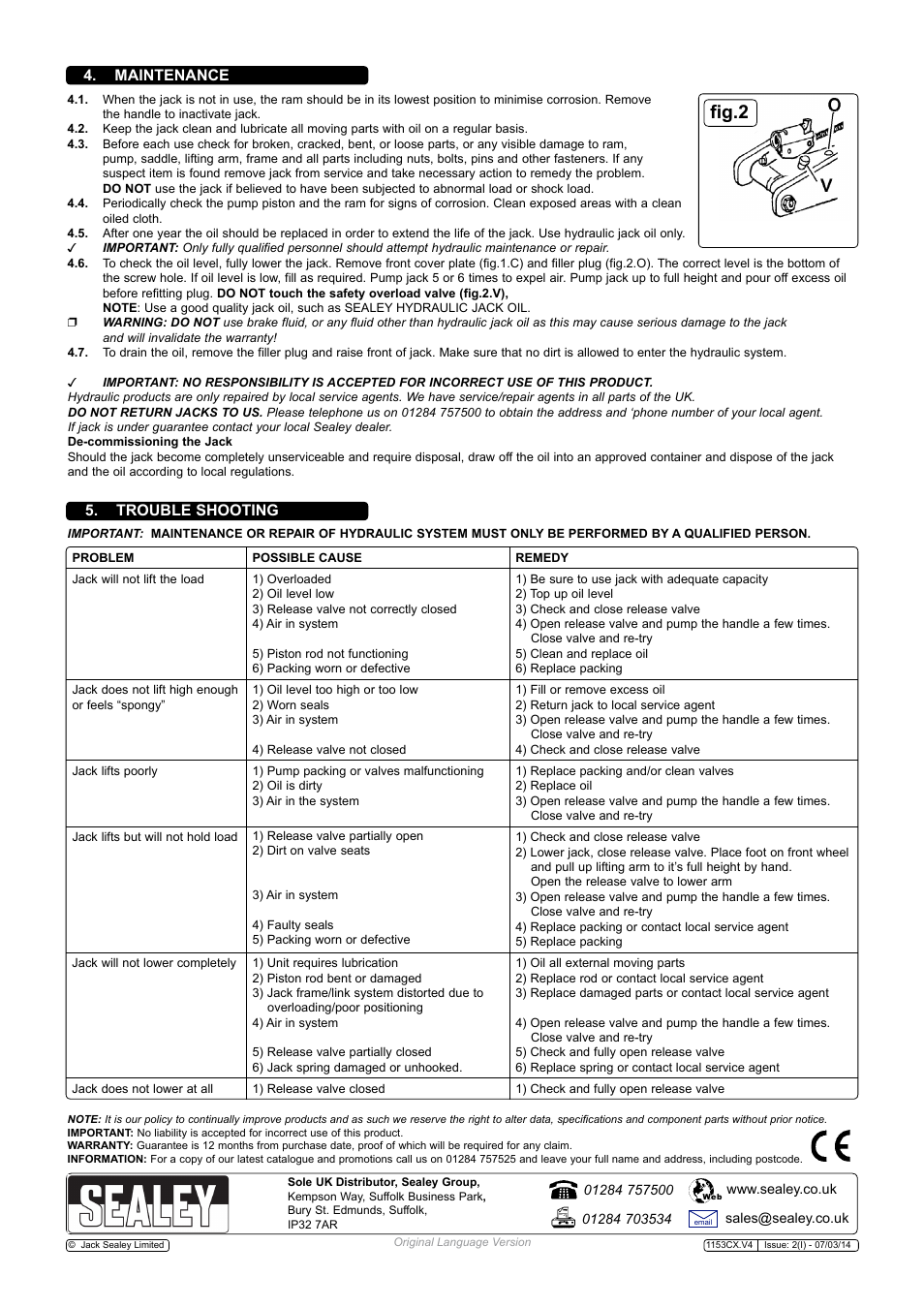 Fig.2, Maintenance 5. trouble shooting | Sealey 1153CX User Manual | Page 2 / 2