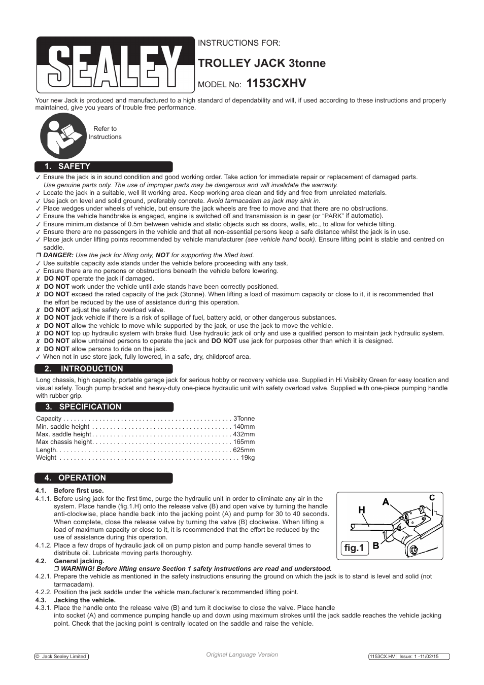 Sealey 1153CXHV User Manual | 3 pages