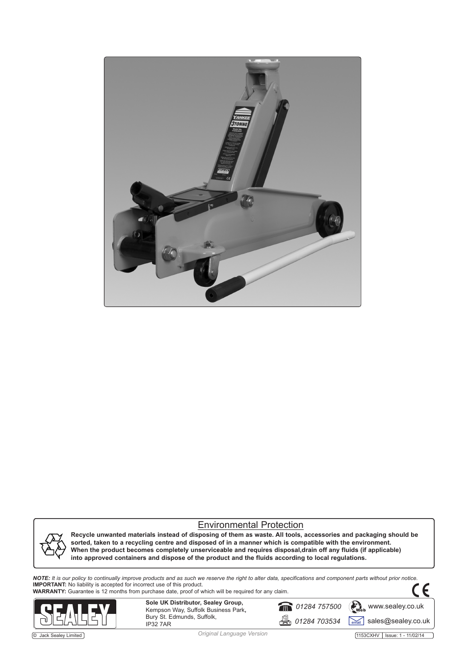 Environmental protection | Sealey 1153CXHV User Manual | Page 3 / 3