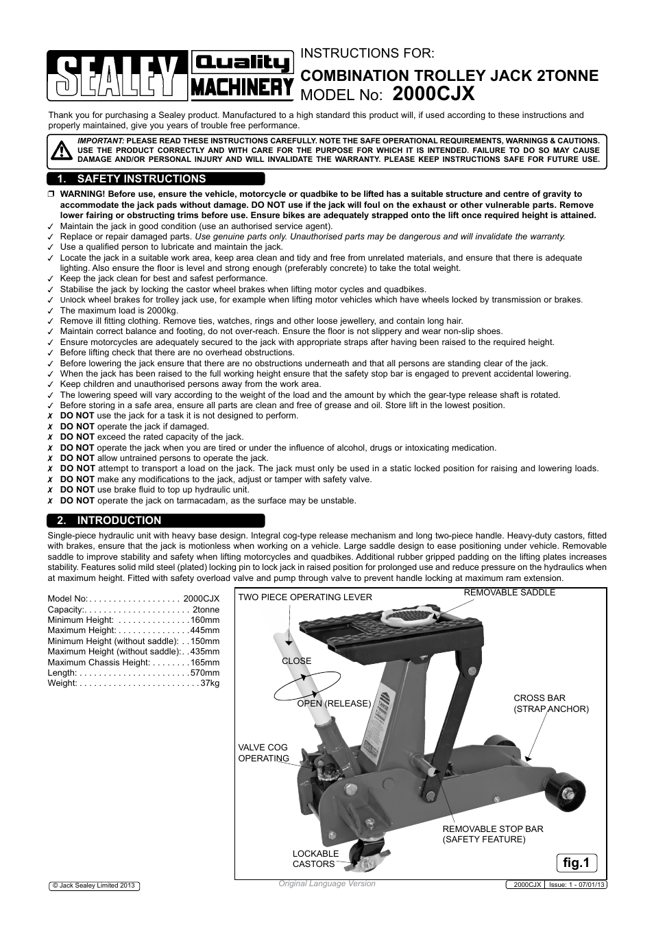 Sealey 2000CJX User Manual | 2 pages