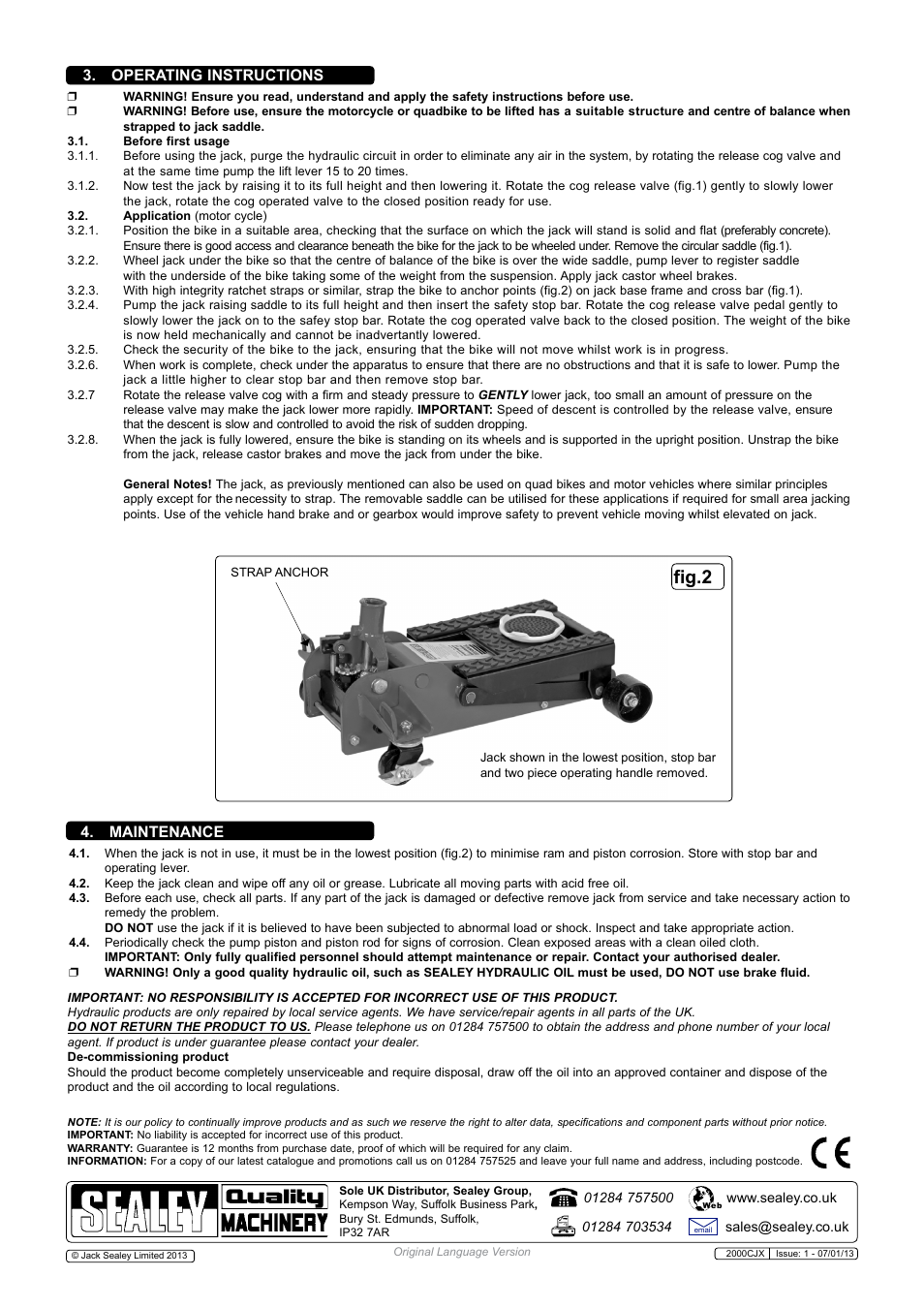 Fig.2, Maintenance, Operating instructions | Sealey 2000CJX User Manual | Page 2 / 2