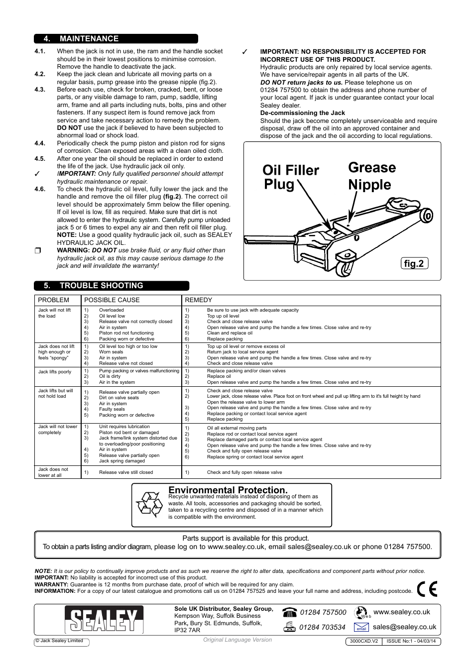 Fig.2, Environmental protection, Maintenance 5. trouble shooting | Sealey 3000CXD User Manual | Page 2 / 2