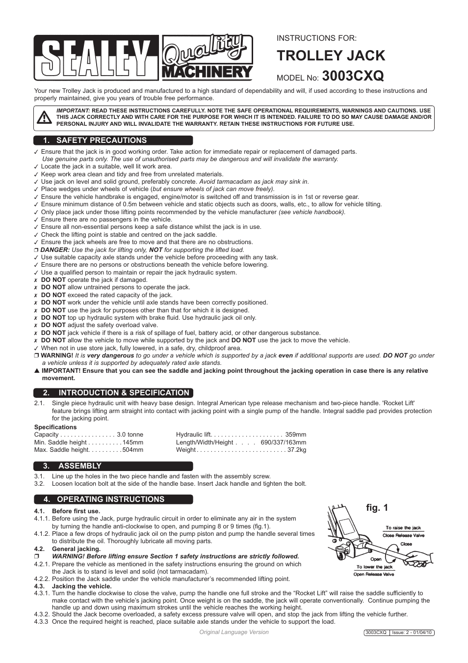 Sealey 3003CXQ User Manual | 2 pages