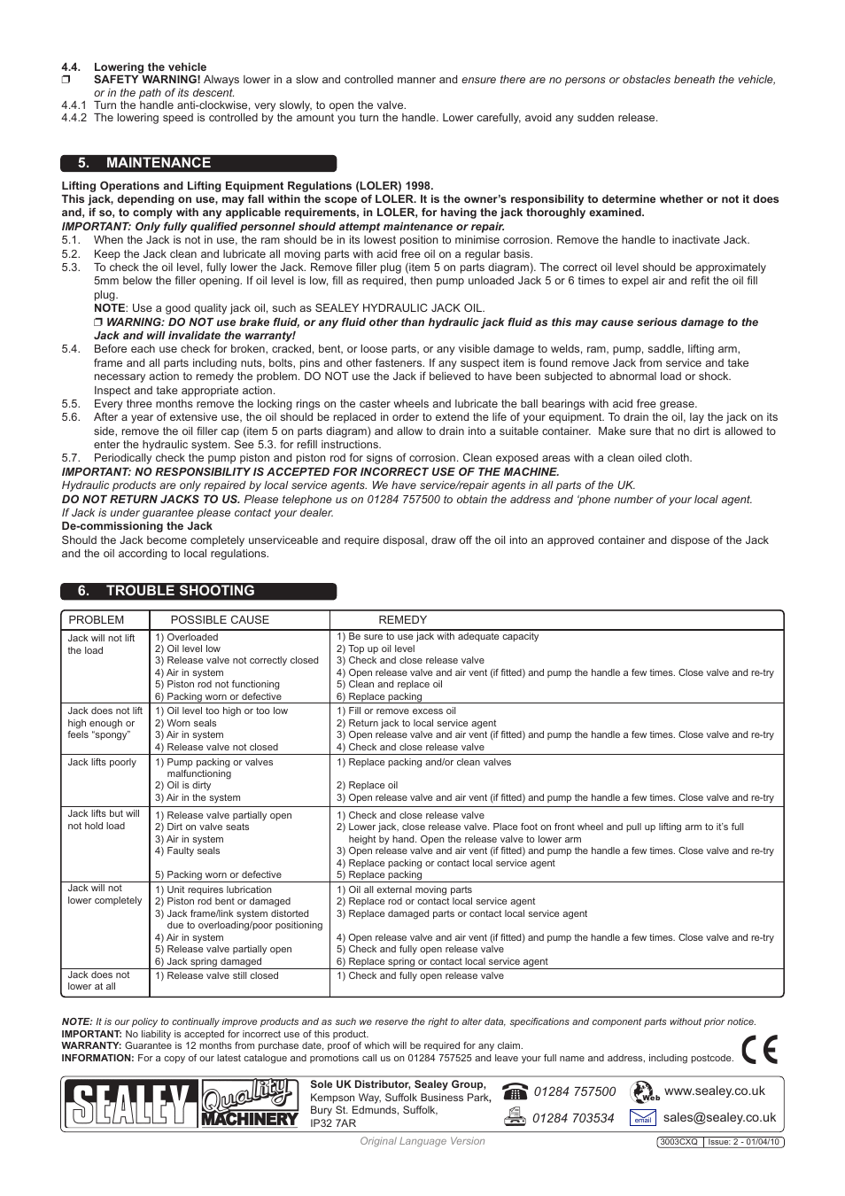 Maintenance 6. trouble shooting | Sealey 3003CXQ User Manual | Page 2 / 2