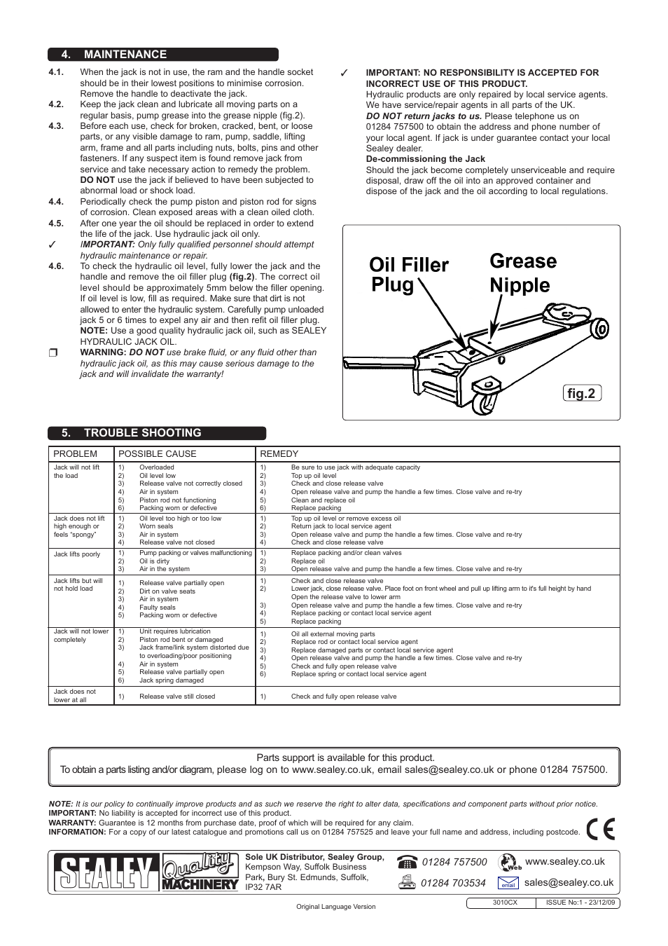 Fig.2, Maintenance 5. trouble shooting | Sealey 3010CX User Manual | Page 2 / 2