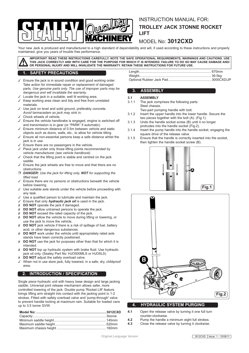 Sealey 3012CXD User Manual | 2 pages