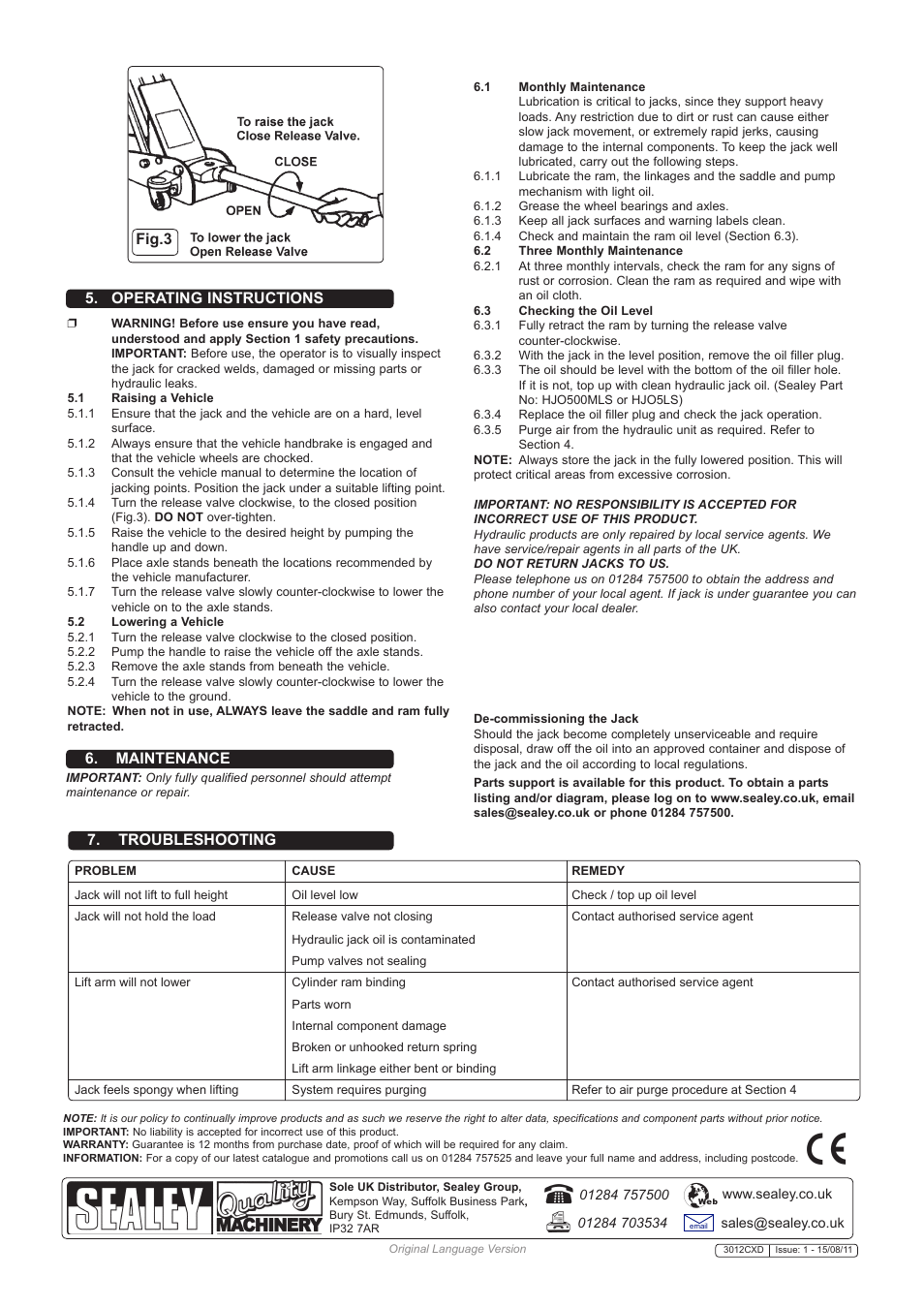 Maintenance, Operating instructions, Troubleshooting | Fig.3 | Sealey 3012CXD User Manual | Page 2 / 2