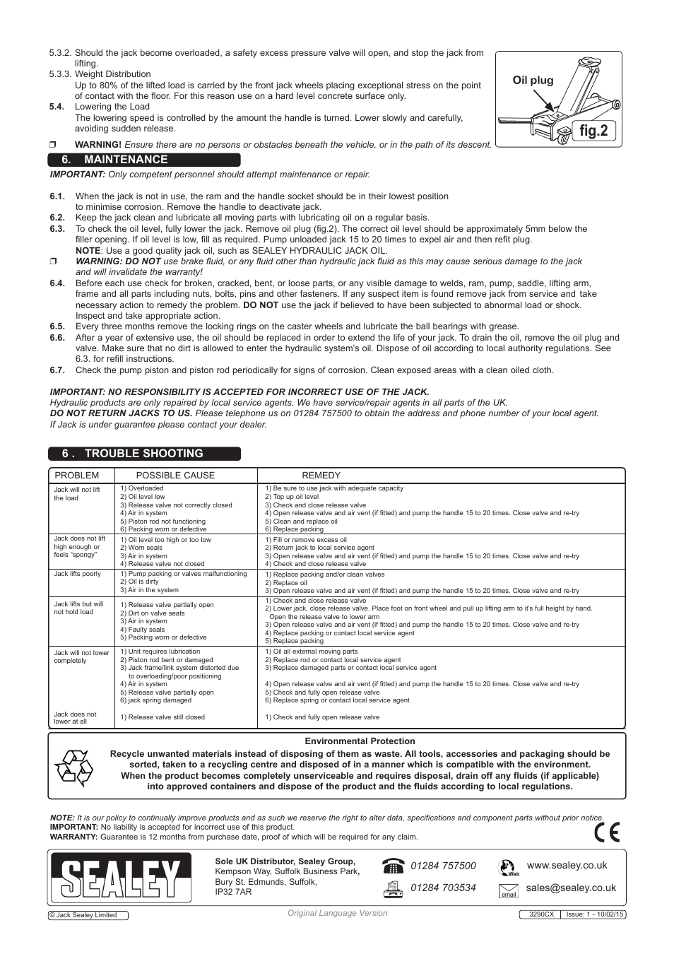Fig.2, 6 . trouble shooting, Maintenance | Sealey 3290CX User Manual | Page 2 / 2