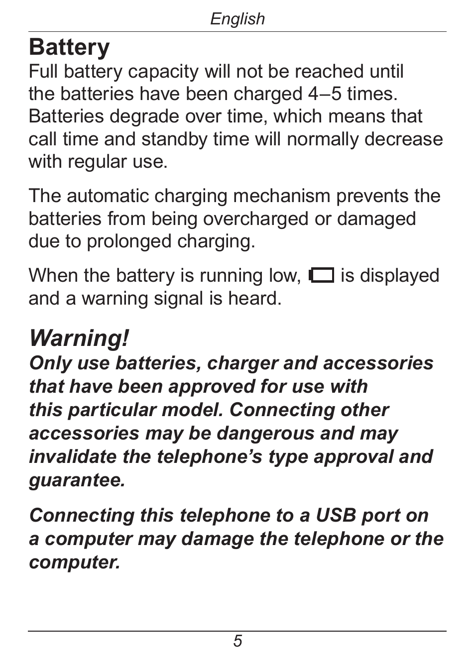 Battery, Warning | Doro HANDLEPLUS 326I GSM User Manual | Page 10 / 92