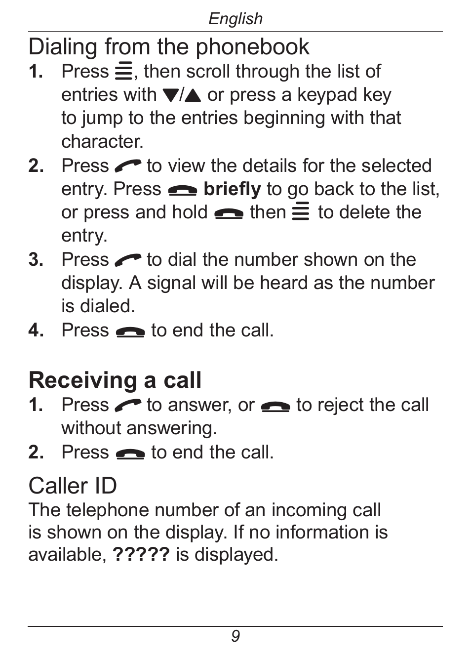 Dialing from the phonebook, Receiving a call, Caller id | Doro HANDLEPLUS 326I GSM User Manual | Page 14 / 92