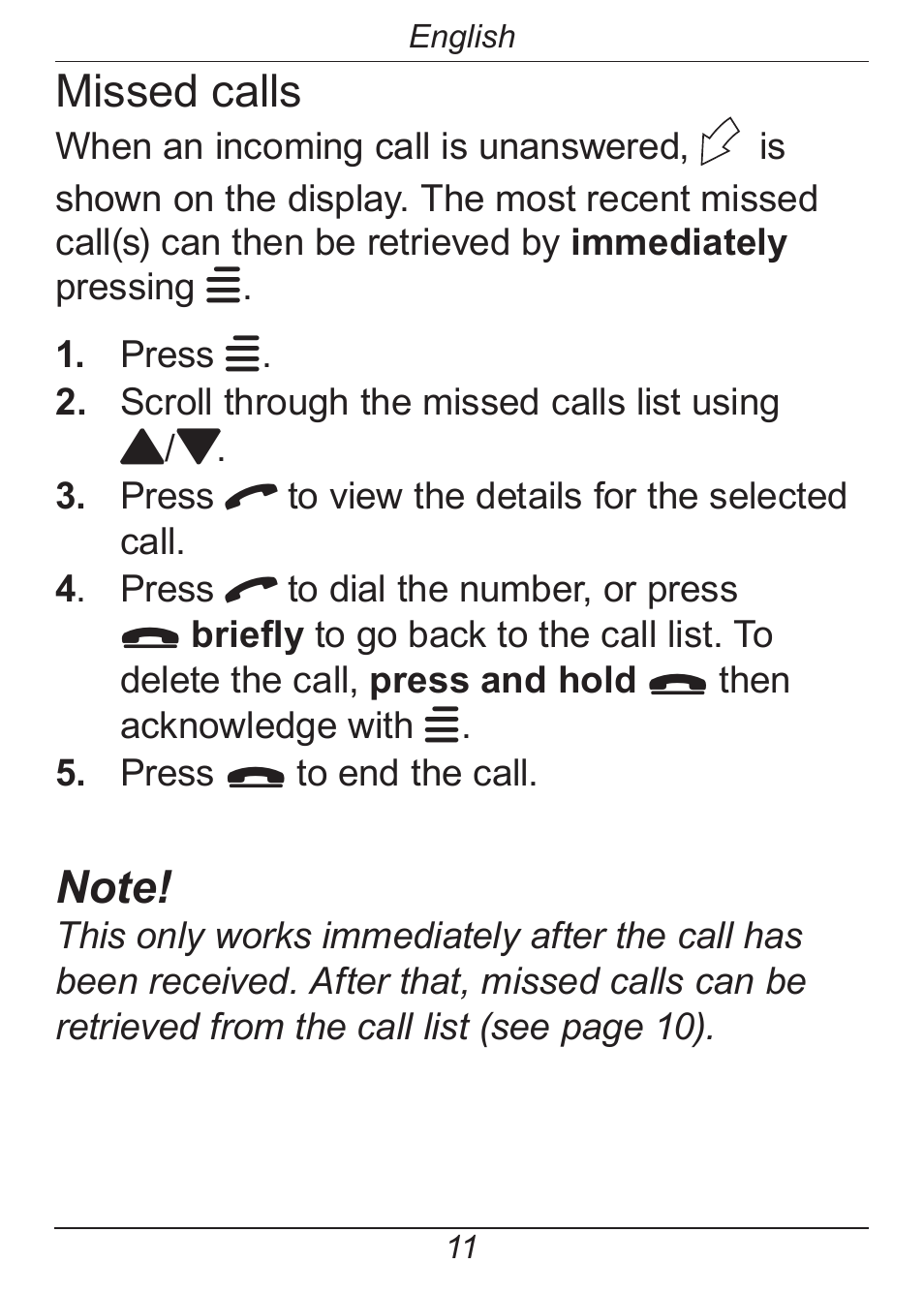 Missed calls | Doro HANDLEPLUS 326I GSM User Manual | Page 16 / 92