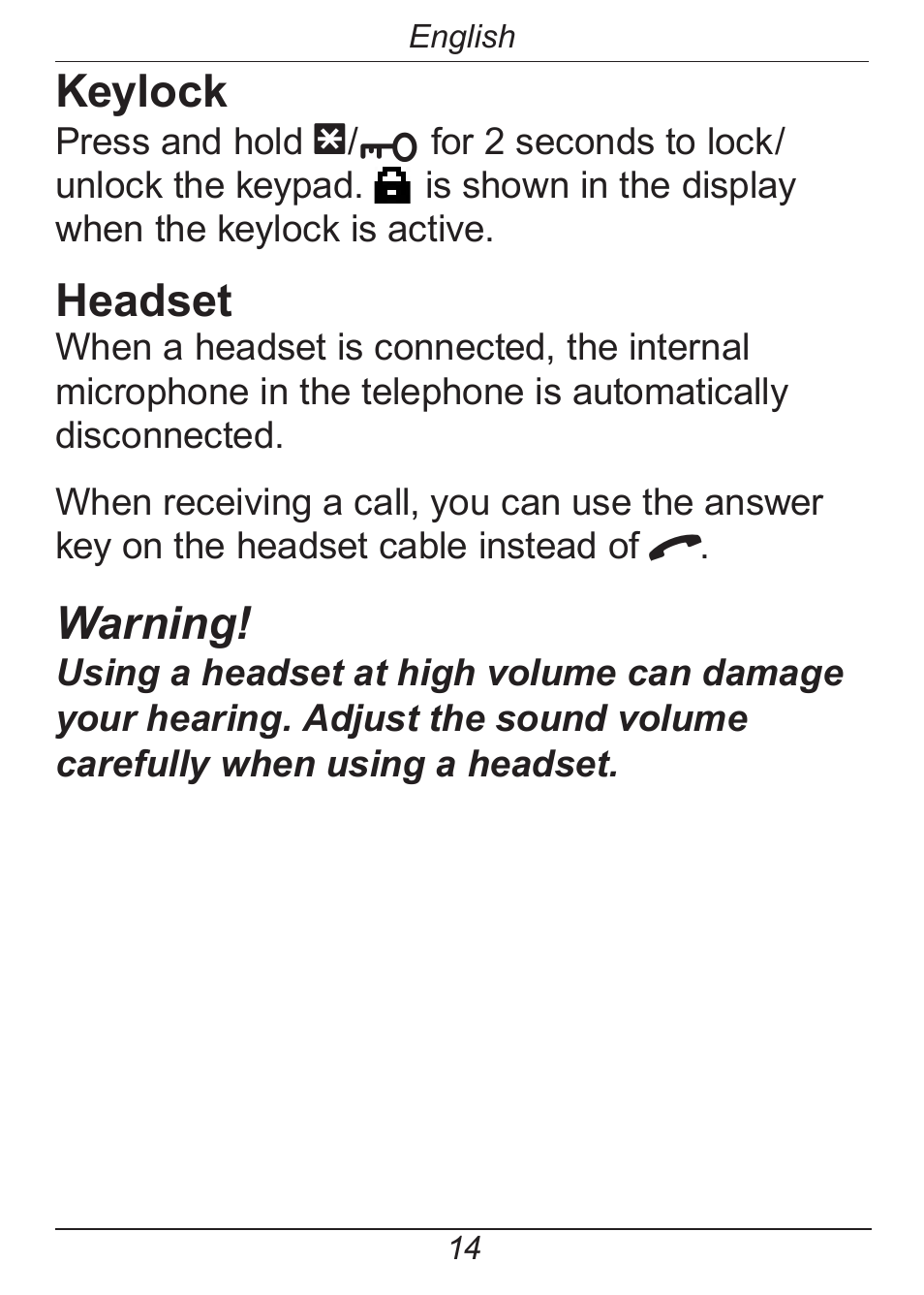 Keylock, Headset, Warning | Doro HANDLEPLUS 326I GSM User Manual | Page 19 / 92