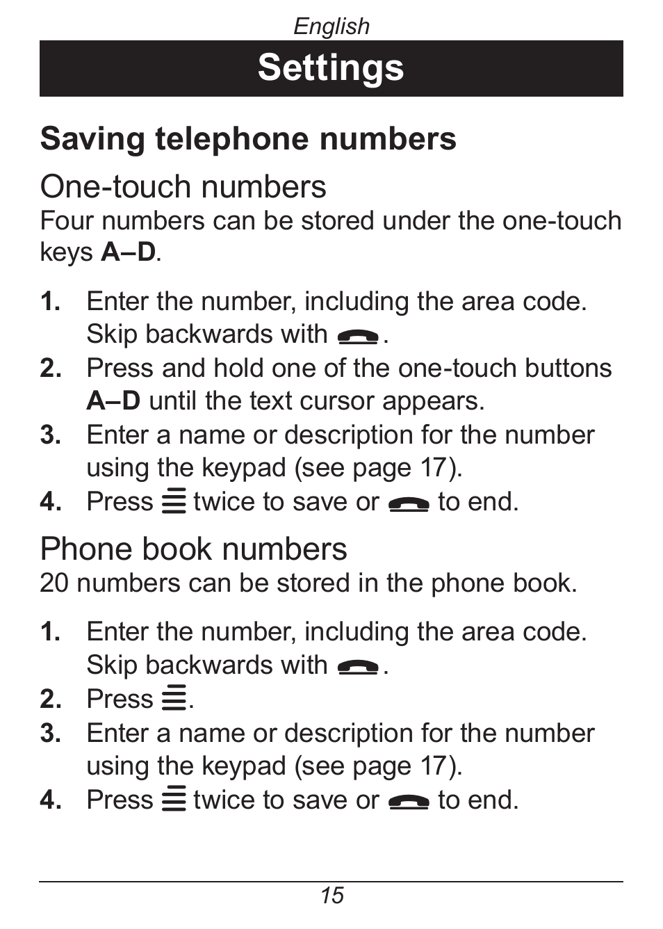 Settings, Saving telephone numbers one-touch numbers, Phone book numbers | Doro HANDLEPLUS 326I GSM User Manual | Page 20 / 92