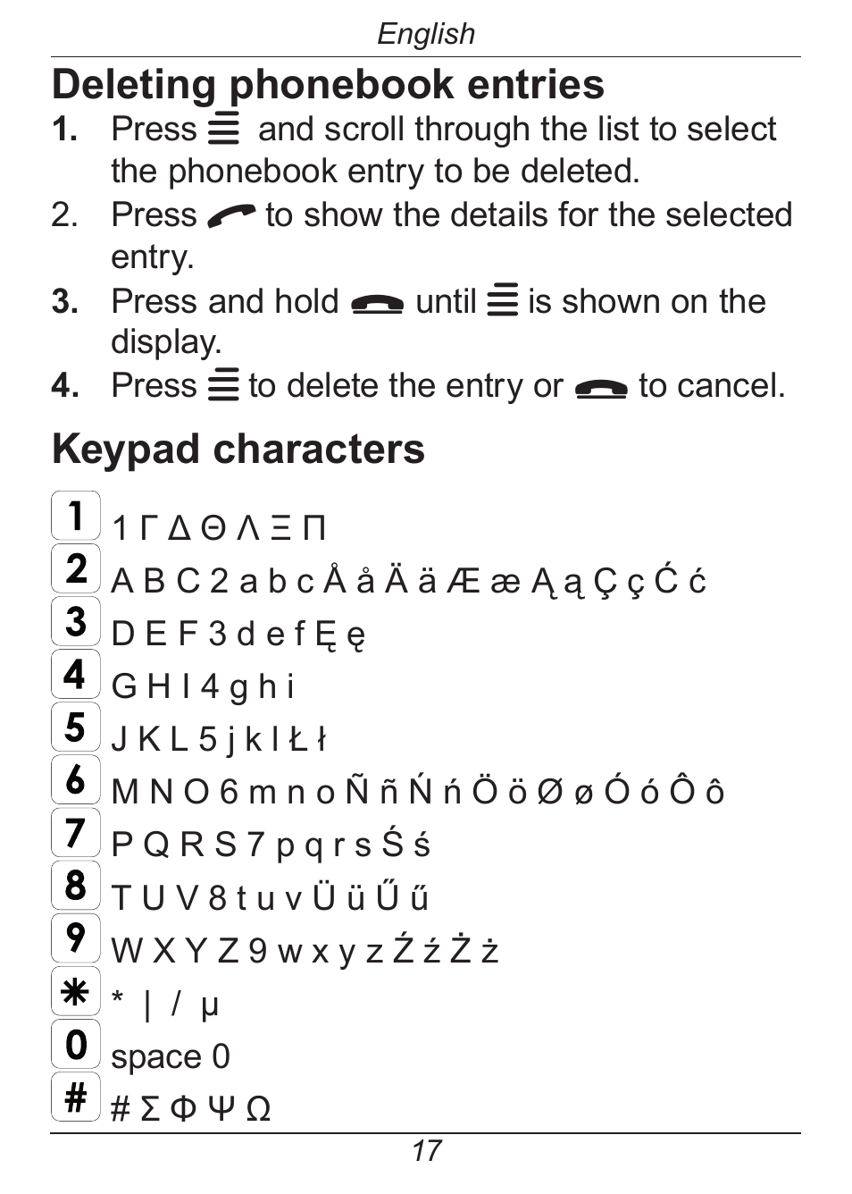Deleting phonebook entries, Keypad characters | Doro HANDLEPLUS 326I GSM User Manual | Page 22 / 92