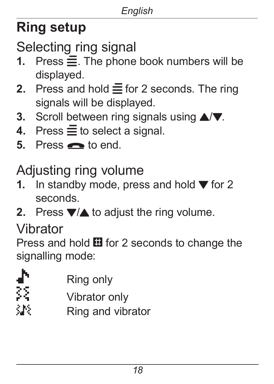 Ring setup selecting ring signal, Adjusting ring volume, Vibrator | Doro HANDLEPLUS 326I GSM User Manual | Page 23 / 92