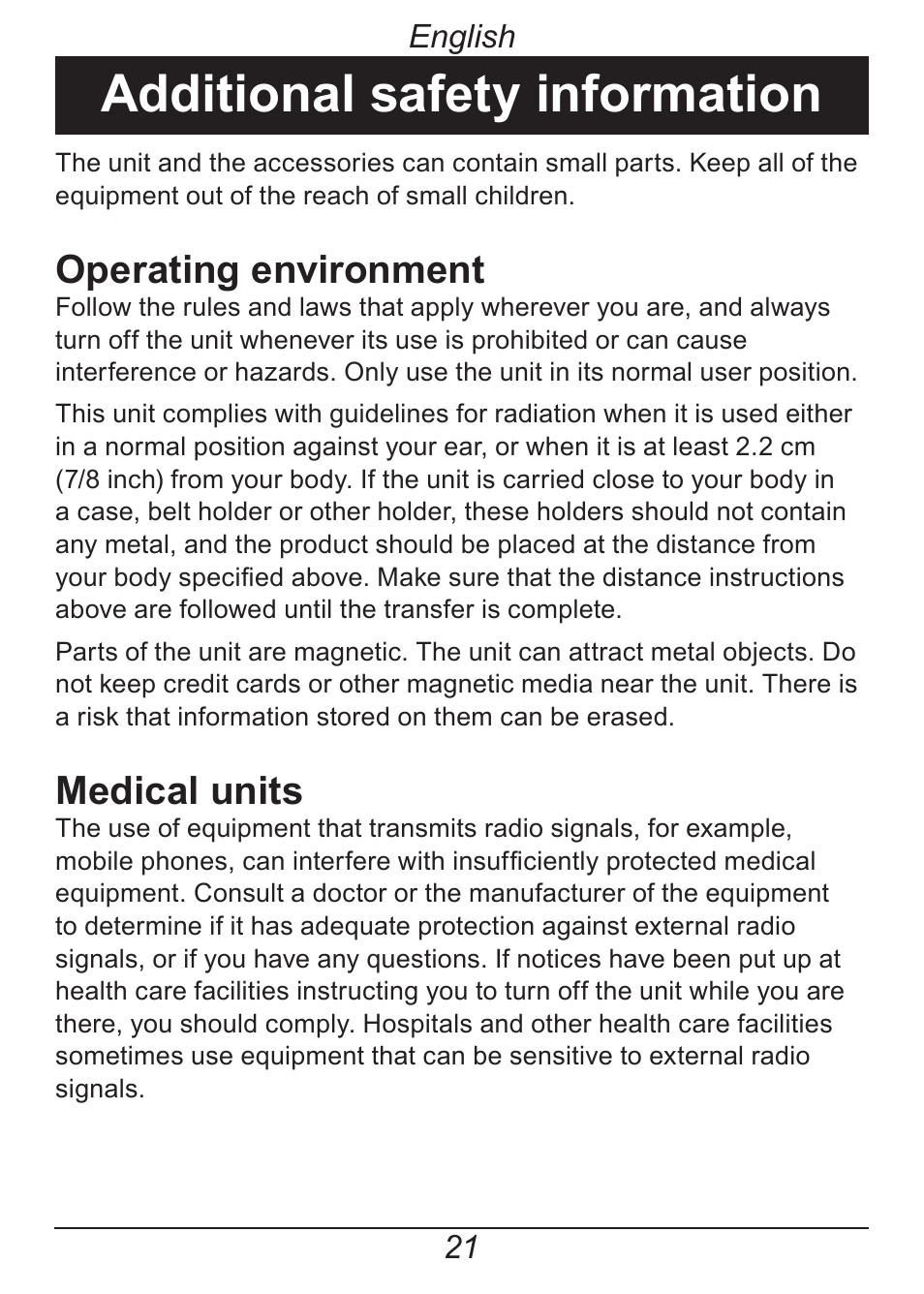 Additional safety information, Operating environment, Medical units | English | Doro HANDLEPLUS 326I GSM User Manual | Page 26 / 92