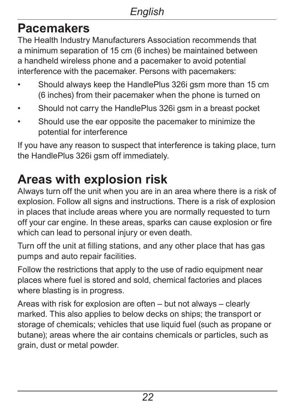 Pacemakers, Areas with explosion risk, English | Doro HANDLEPLUS 326I GSM User Manual | Page 27 / 92