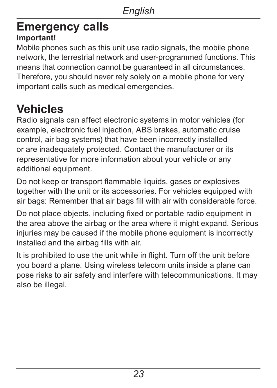 Emergency calls, Vehicles, English | Doro HANDLEPLUS 326I GSM User Manual | Page 28 / 92