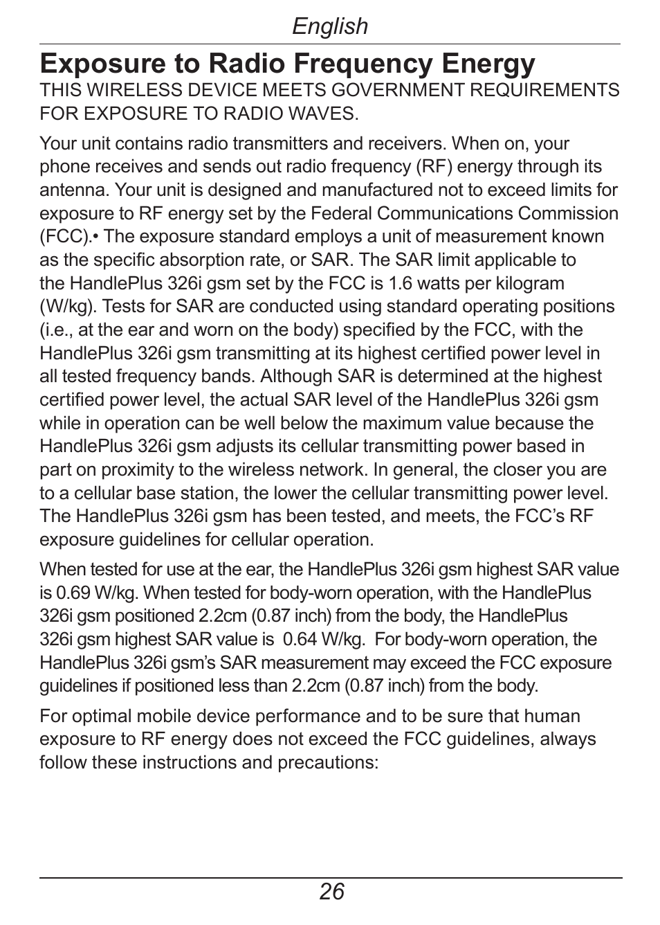 Exposure to radio frequency energy, English | Doro HANDLEPLUS 326I GSM User Manual | Page 31 / 92