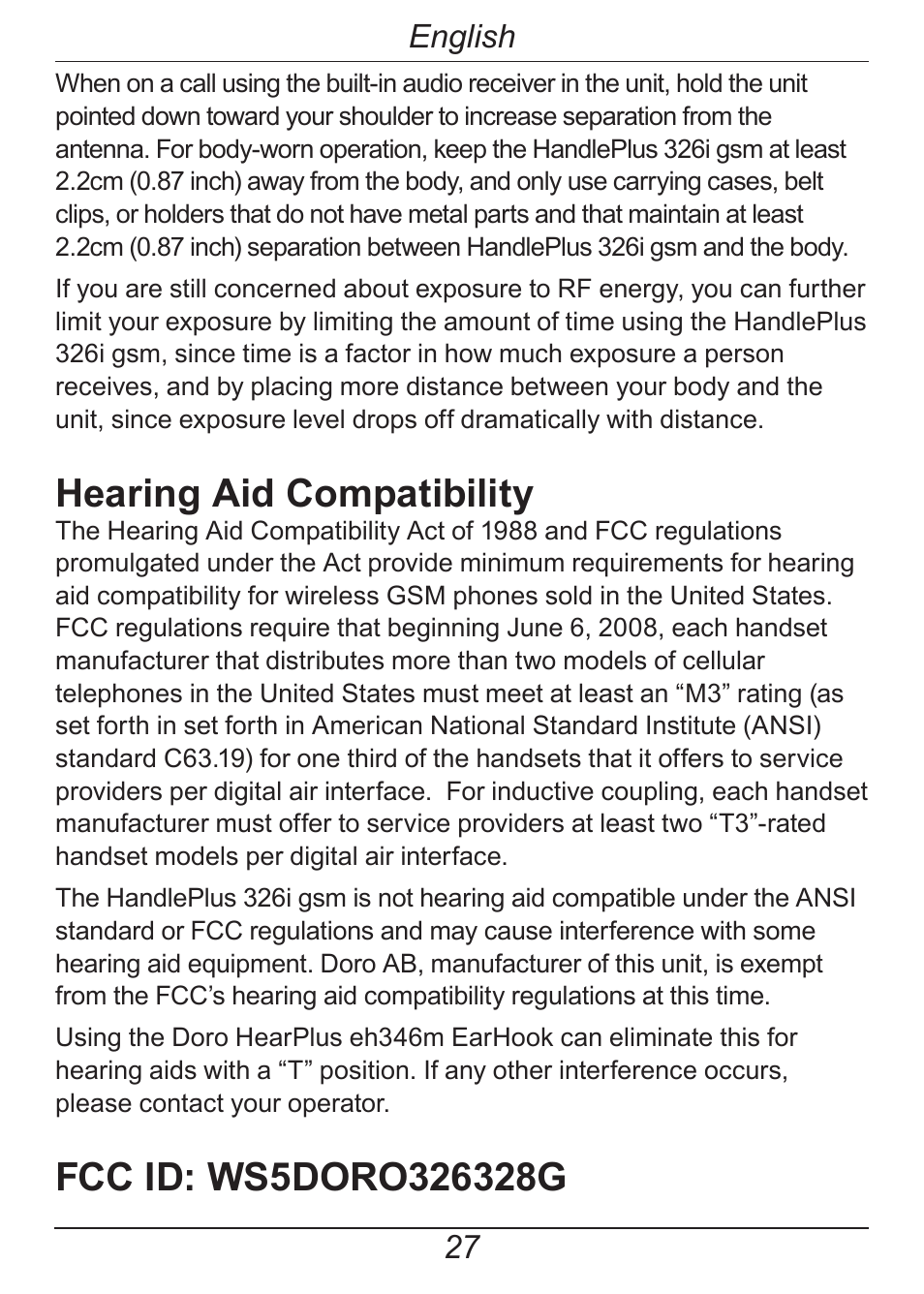 Hearing aid compatibility, English | Doro HANDLEPLUS 326I GSM User Manual | Page 32 / 92